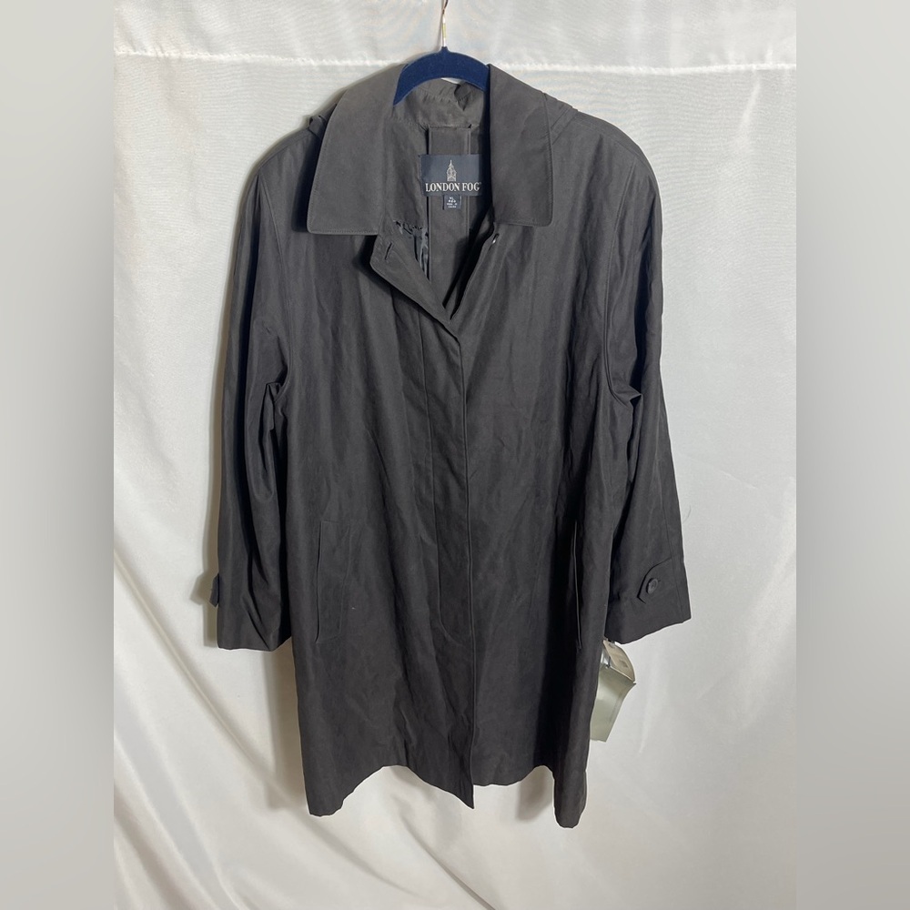 London Fog Womens Black Hooded Raincoat Trench XL Regular NWT